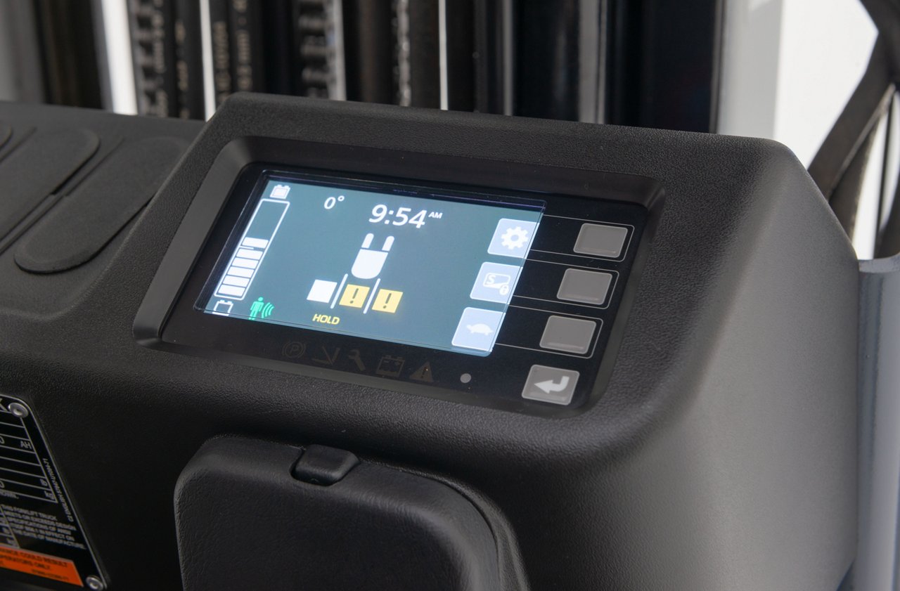Image rapprochée de l’écran multifonction LCD du chariot élévateur électrique à 3 roues Toyota