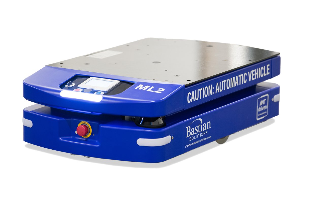 mini blue autonomous vehicle used to transport loads through warehouses 