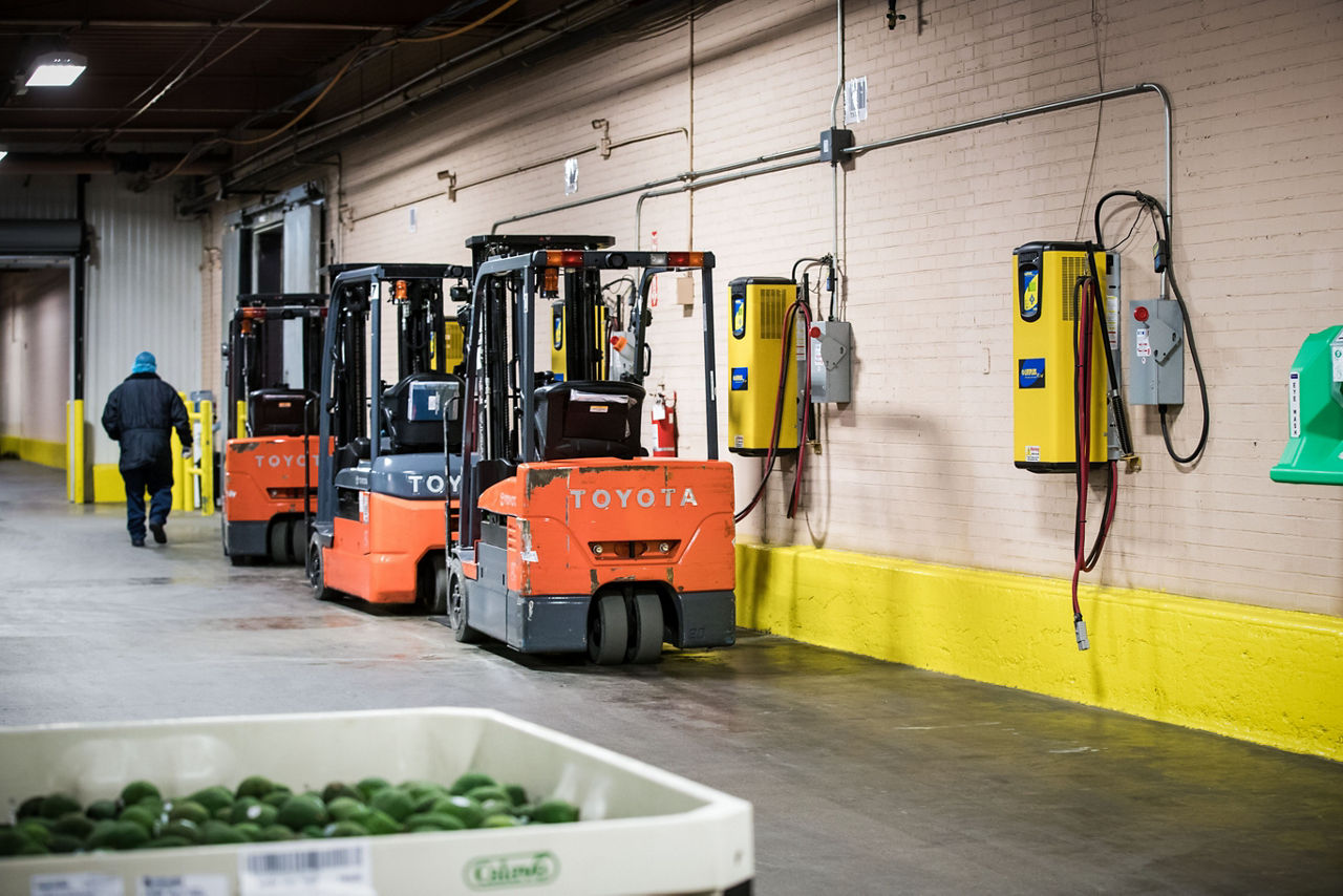 3 forklifts lined up against food storage warehouse wall