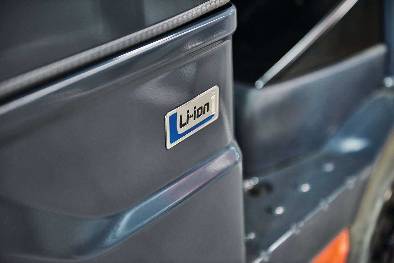 Close up shot of the 'Li-ion' badge on a Toyota forklift