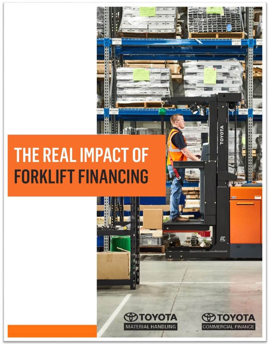 The "Real Impact of Forklift Financing" Cover with text and a background of a man driving a forklift across a warehouse 