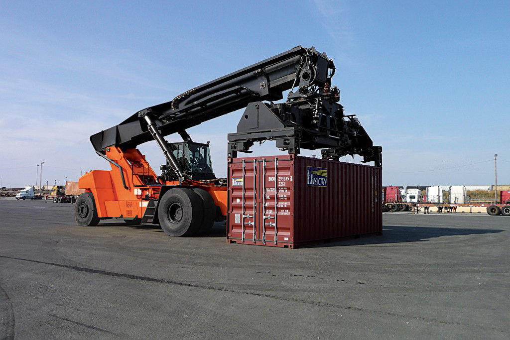 Toyota Container Handler lifting a cargo container in the cargo yard